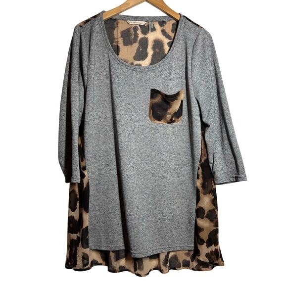 Soft Surroundings Women L Leopard Print Sheer Back 3/4 Sleeve Tunic Top Chic - Picture 1 of 8